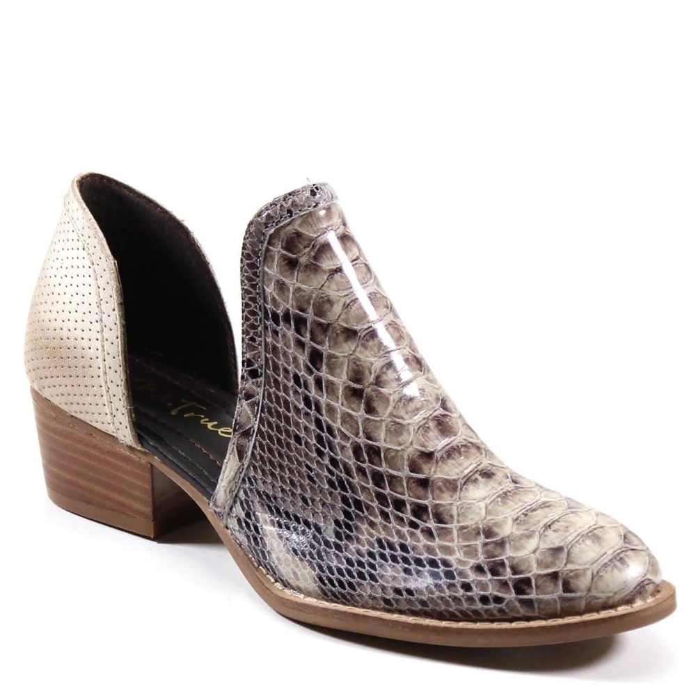 Faux snake skin and beige booties. Size 7.5.